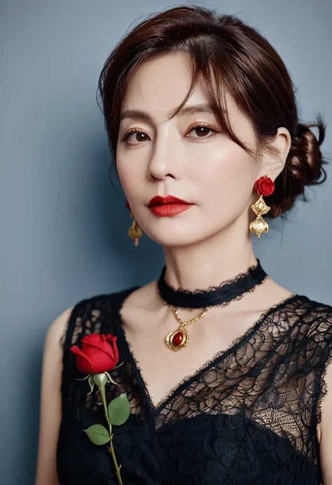 8K, RAW photos, Fujifilm, Stylized photo of a beautiful 45-year-old woman, Square face, There is a red rose on the neck, Wearing a black lace dress with red, Gold earrings, As powerful as a spinning pigeon, (Highly refined skin: 1.2), Medium brown hair wit...