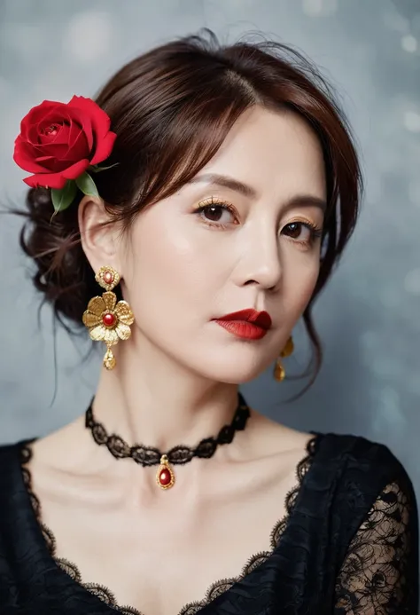 8K, RAW photos, Fujifilm, Stylized photo of a beautiful 45-year-old woman, Square face, There is a red rose on the neck, Wearing a black lace dress with red, Gold earrings, As powerful as a spinning pigeon, (Highly refined skin: 1.2), Medium brown hair wit...