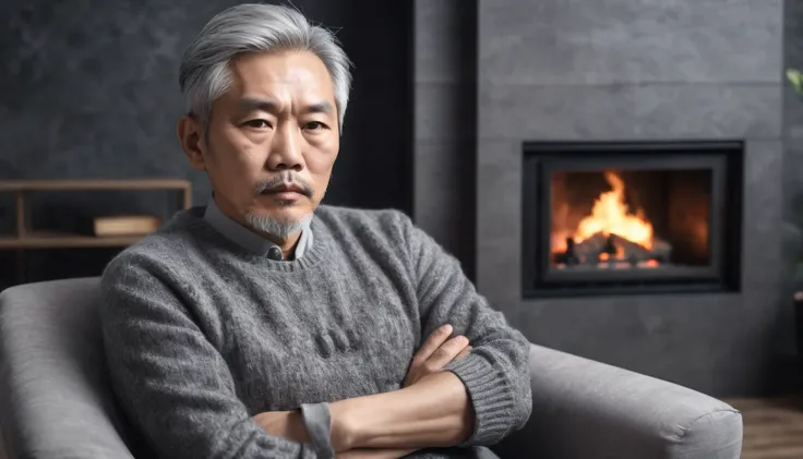 . A middle-aged Asian man with gray hair and a serious expression was sitting in an armchair looking into the fireplace. In the silent room. REALISTIC IMAGES, high resolution, 8k