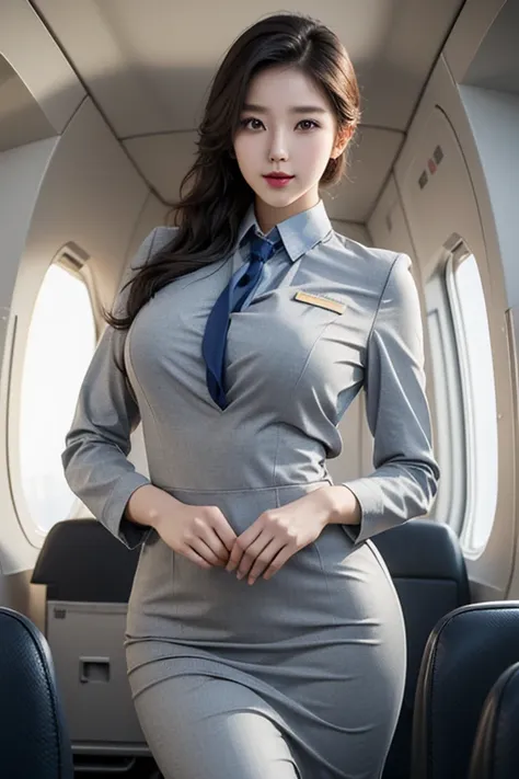 slender asian girl, kpop idol, ((stewardess)), ((top quality, 8k, masterpiece: 1.3)), crisp focus: 1.2, big, huge breasts, waist...