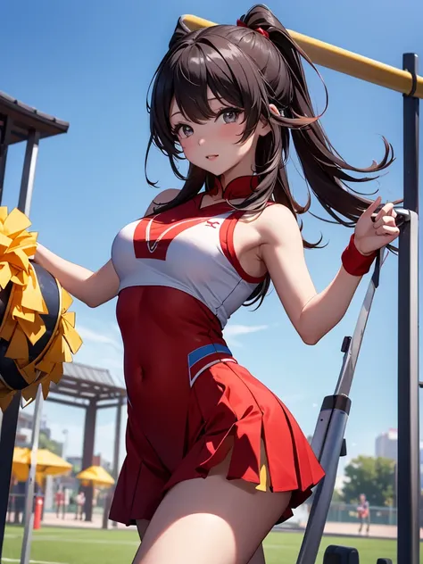 (hu tao), 1girl, wearing a cheerleader outfit, at a playground, 8k, high detailed, high quality