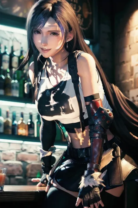 Tifa Lockhart, masutepiece, Best Quality, defTifa, White crop top, elbow pad, Fingerless gloves, suspenders, pencil skirts, Upper body, Looking at Viewer, Leaning forward, Smile, a bar counter, City at night