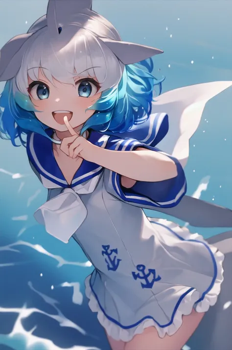 masterpiece, best quality, 1girl, solo, fins, head fins, short hair, multicolored hair, grey hair, white hair, blue hair, blue eyes, cetacean tail, choker, white choker, bracelet, sailor collar, neckerchief, white neckerchief, dress, frilled dress, sailor ...