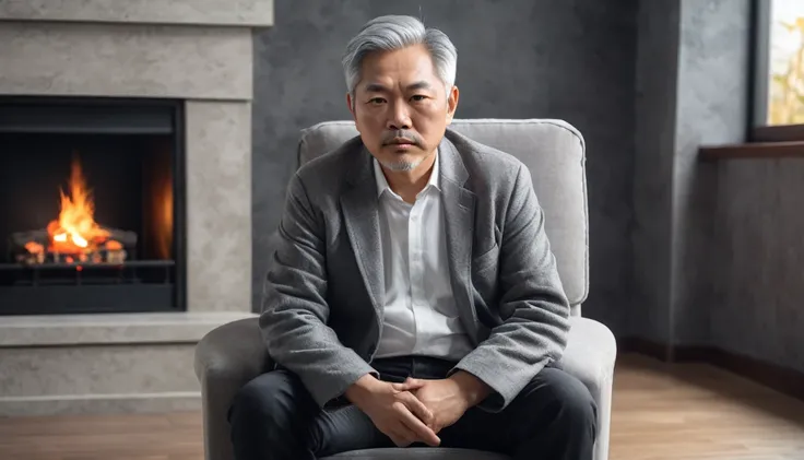 . A middle-aged Asian man with gray hair and a serious expression was sitting in an armchair looking forward, at the fireplace. In the silent room. REALISTIC IMAGES, high resolution, 8k