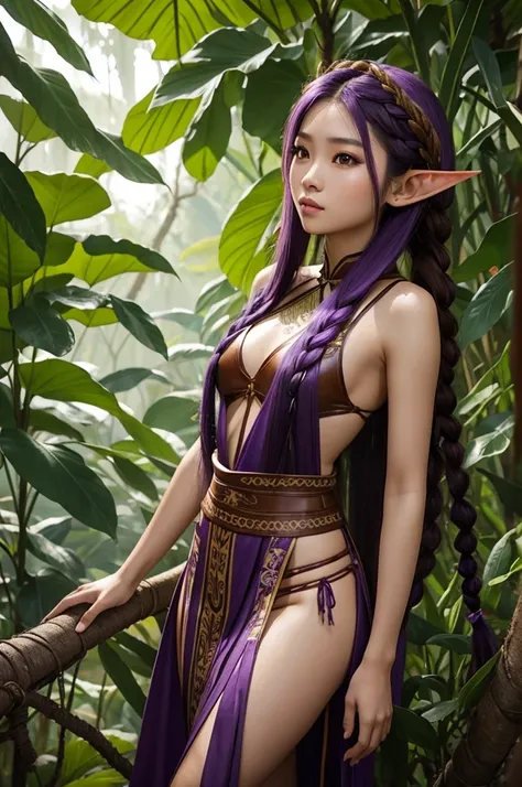 Long braided Purple hair, Vietnamese, beautiful 23 year old woman, very attractive, brown eyes, elf ears, very cute, thin athletic body, in rainforest, wearing tribal outfit, wearing brown leather tribal clothing