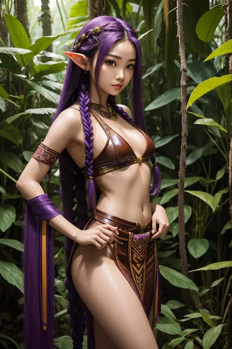 Long braided Purple hair, Vietnamese, beautiful 23 year old woman, very attractive, brown eyes, elf ears, very cute, thin athletic body, in rainforest, wearing tribal outfit, wearing brown leather tribal clothing