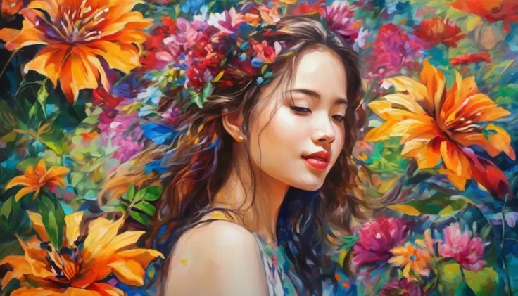 Girl In The Flower, colorful, ภาพวาดoil color, crazy color, oil color, High quality, Highly detailed