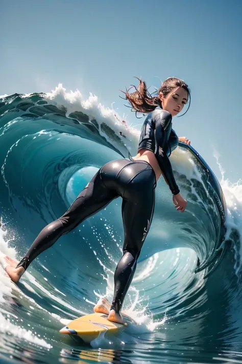 a dynamic sports photography scene, 1girl, cute girl surfing, powerful surfing scene, big wave, beautiful riding pose, stunning ...