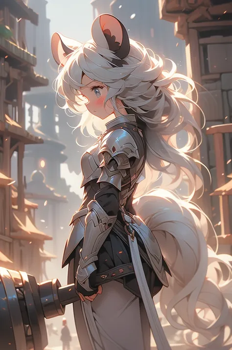 tiny woman, shy, blushing, leather armor, small, tiny , mouse tail, mouse ears, looking down, long gray hair, knight, giant hammer