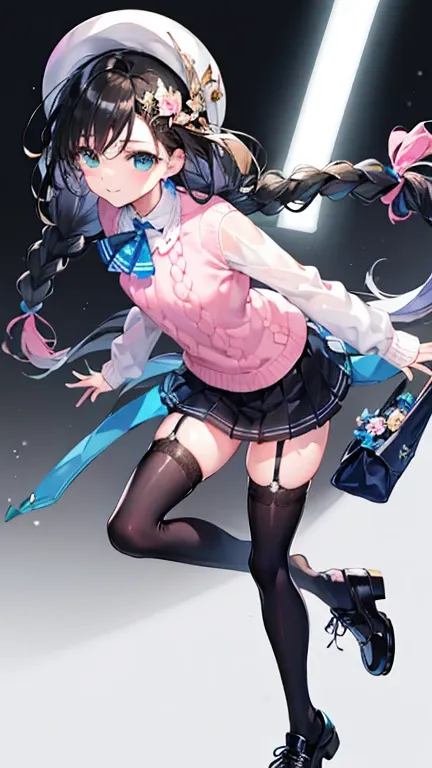 Tazune rirei, 8k, ultra-detailed, Masterpiece, best quality, perfect lighting, aqua eyes, black hair, braid hair, ((pink sweater with vertical lines)), black pleated skirt, earrings, garter belt, black thigh-high socks, (black platform shoes:1.3), small ha...