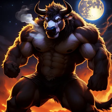 ((realistic)), upload on e621, by Garmash, by allandox, anthro, male, (((detailed fluffy fur))), detailed realistic painting, (((biceped))), (((shaded))) extreme detail, ((bull, medium length horns)), muscular, ((exhaling expression:1.3)), full moon backgr...