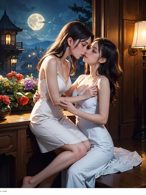 (masterpiece, highest quality, official art, beauty and aesthetic:1.5), perfect anatomy, two women is deeply in love with each other, kiss, romantic atmosphere, flower and moon, magnificent panorama view