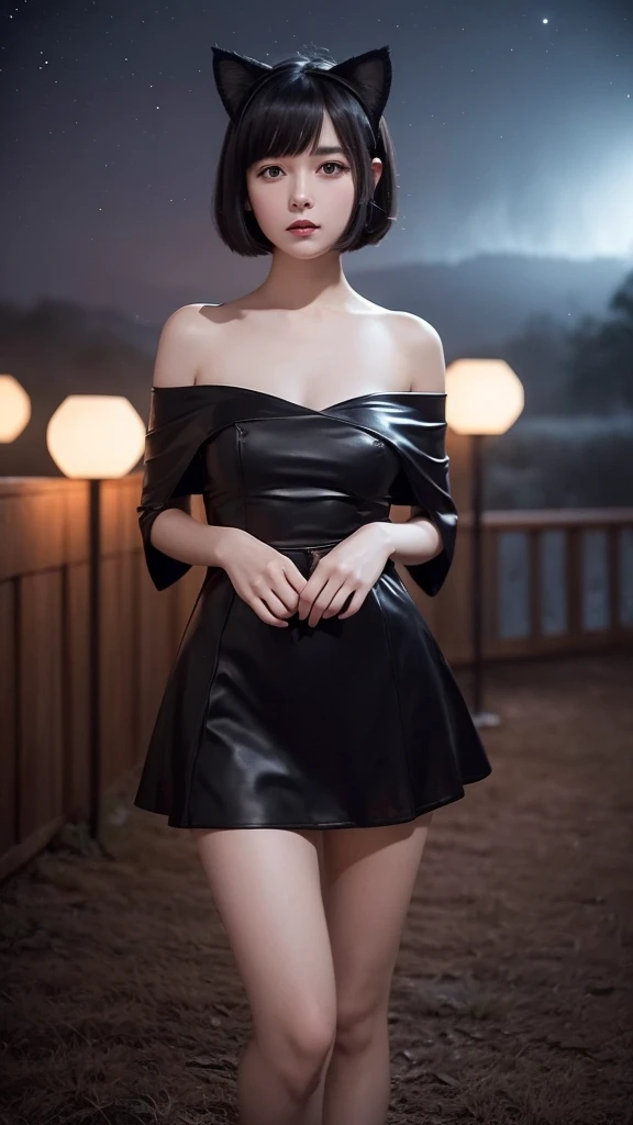 Delicate and dainty young woman with shiny bob-cut black hair and cat ears. She is wearing an off-the-shoulder red only  mini-skirt dress. The background is a fantastic and ethereal night sky that seems to be haunted by a specter. Her expression is stern a...