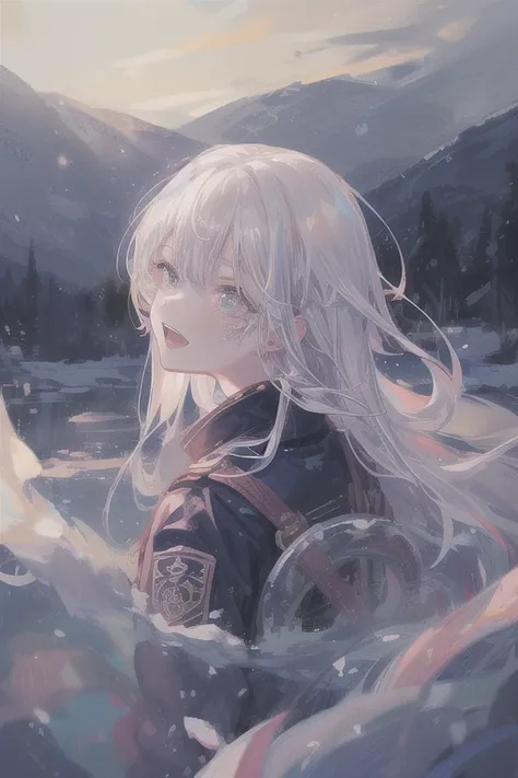 masterpiece:1.2), best quality , solo ,pixiv, anime girl ，白色long hair , Black eyes ,Wearing white and gray camouflage modern military uniform，,Ten years old，Snow，battlefield，(eyes looking into the distance:1.3)，(look away:1.5)，snowy weather，dirty face，Ther...