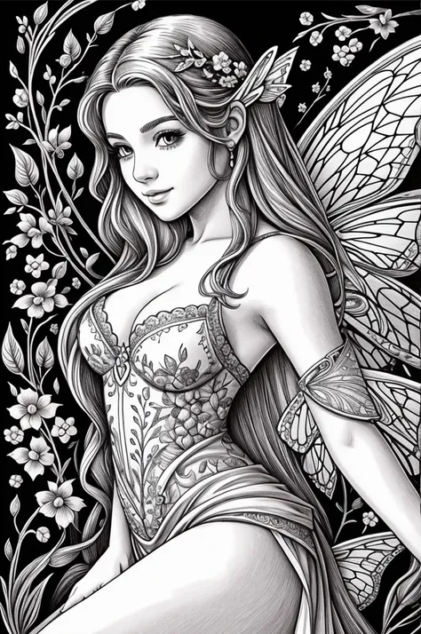 Line art drawing of a beautiful fairy 