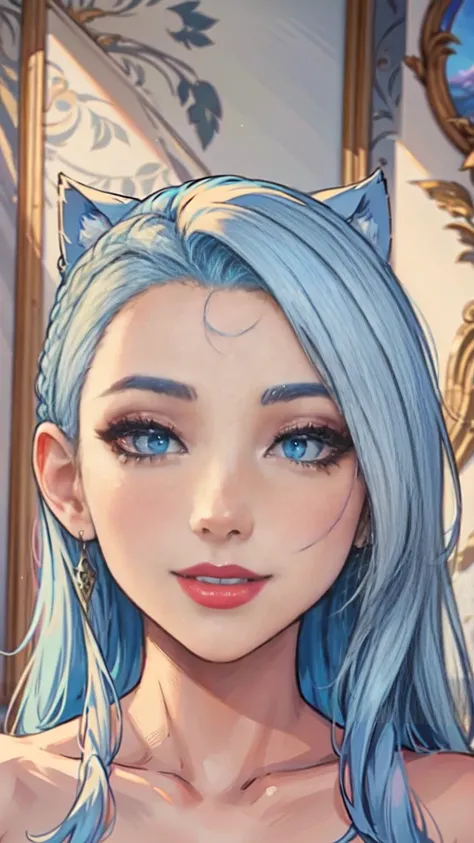 Masterpiece, raw,  beautiful art, professional artist, 8k, art style by sciamano240, very detailed face, very detailed hair, 1 woman, perfectly drawn body, beautiful face, long hair, light blue hair , very detailed blue eyes , rosey cheeks, intricate detai...