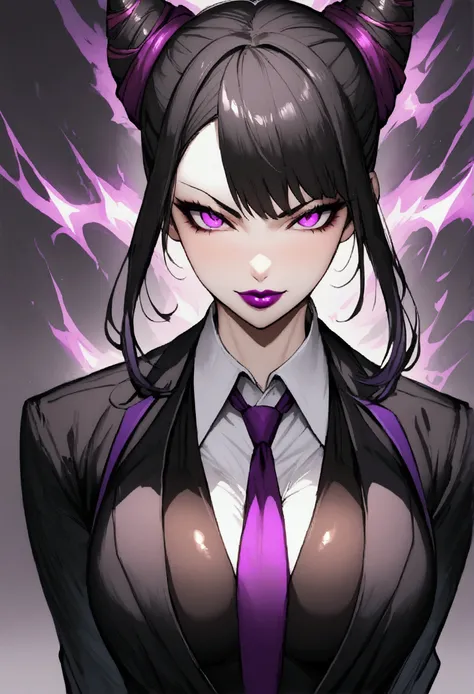 Beautiful girl, hair with hair horn, Wearing a formal suit, necktie, large breasted, sexly, lipstick, Evil smiley face, Beautiful purple eyes shining, black hair and 