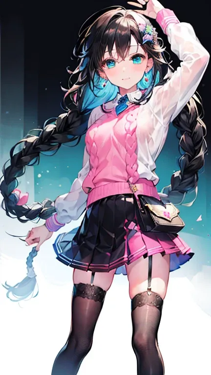 Tazune rirei, 8k, ultra-detailed, Masterpiece, best quality, perfect lighting, aqua eyes, black hair, braid hair, ((pink sweater with vertical lines)), black pleated skirt, earrings, garter belt, black thigh-high socks, (black platform shoes:1.3), small ha...