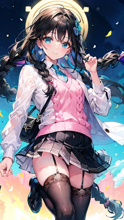 Tazune rirei, 8k, ultra-detailed, Masterpiece, best quality, perfect lighting, aqua eyes, black hair, braid hair, ((pink sweater with vertical lines)), black pleated skirt, earrings, garter belt, black thigh-high socks, (black platform shoes:1.3), small ha...