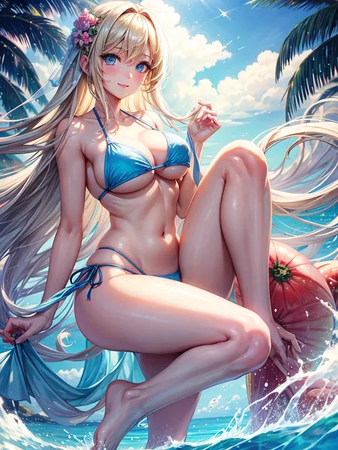 Anime style, super fine illustration, highly detailed, beautiful detailed, pale tone image, gentle expression, pretty 1girl with blonde straight short hair & blue eyes & a bright smile & super huge breasts like watermelons & pink nipples & soft fair skin i...