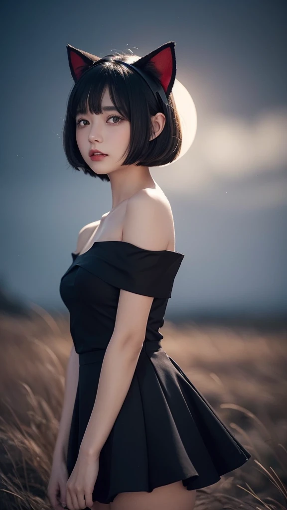 Delicate and dainty young woman with shiny bob-cut black hair and cat ears. She is wearing an off-the-shoulder red only  mini-skirt dress. The background is a fantastic and ethereal night sky that seems to be haunted by a specter. Her expression is stern a...