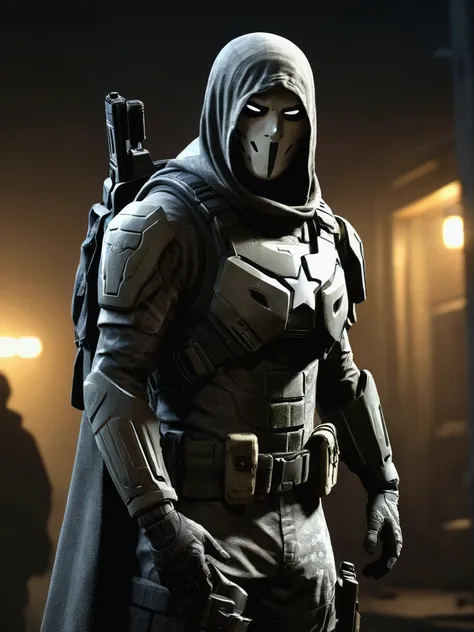 a ghost character from call of duty mobile, realist, Dressed like a superhero, anonymous, call of duty mobile logo on background, extremely detailed, cinematic lighting, dramatic atmosphere, (Best Quality,4k,8k,High resolution,masterpiece:1.2),ultra detail...