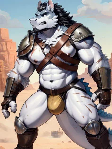 Solo Sexy young anthro scalie dragon male, bastard mercenary medieval warrior solider, slim endomorph muscular body, anthro handsome gay shorter muzzle, handsome gay muscular lookinf, brutal dirty bastard look, sword scars, he has worn out leather skimpy a...