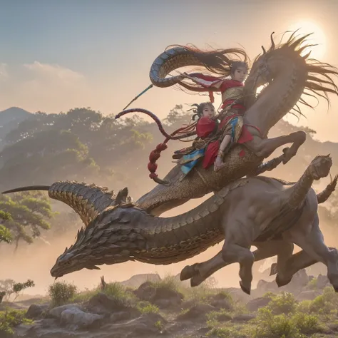 A scene from Japanese mythology in which a young god dressed in ancient clothing and riding a flying horse fights and defeats a giant snake with eight heads bigger than a mountain.