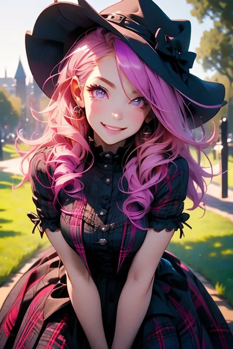 Perfect face. Perfect hands. A pink haired woman with violet eyes and an hourglass figure in a Gothic plaid dress is smiling while leaning forward in the park