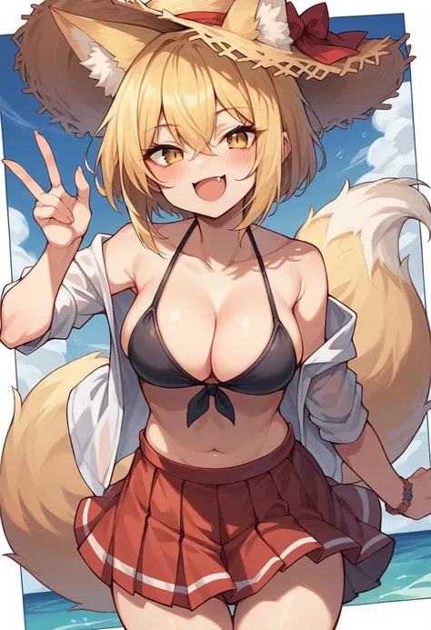 1girl, solo, looking at viewer, blush, smile, short hair, open mouth, bangs, skirt, blonde hair, hat, animal ears, hair between eyes, tail, swimsuit, yellow eyes, bikini, pleated skirt, fang, animal ear fluff, fox ears, fox tail, black bikini, red skirt, f...