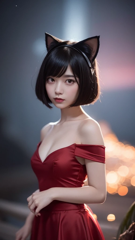 Delicate and dainty young woman with shiny bob-cut black hair and cat ears. She is wearing an off-the-shoulder red only  mini-skirt dress. The background is a fantastic and ethereal night sky that seems to be haunted by a specter. Her expression is stern a...