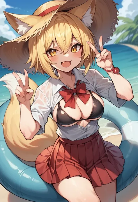 1girl, solo, looking at viewer, blush, smile, short hair, open mouth, bangs, skirt, blonde hair, hat, animal ears, hair between eyes, tail, swimsuit, yellow eyes, bikini, pleated skirt, fang, animal ear fluff, fox ears, fox tail, black bikini, red skirt, f...