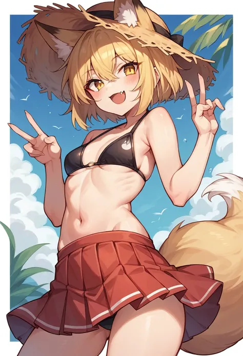 1girl, solo, looking at viewer, blush, smile, short hair, open mouth, bangs, skirt, blonde hair, hat, animal ears, hair between eyes, tail, swimsuit, yellow eyes, bikini, pleated skirt, fang, animal ear fluff, fox ears, fox tail, black bikini, red skirt, f...