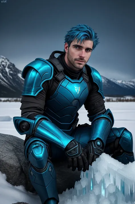  extreme close-up, close-up on face, man, sitting on a rock, futurist neon armor , blue hair and blue stubble, snowy landscape with ice crystals. (best quality, 4k, 8k, high resolution, masterpiece: 1.2, Ultra detailed) Very detailed face, detailed facial ...