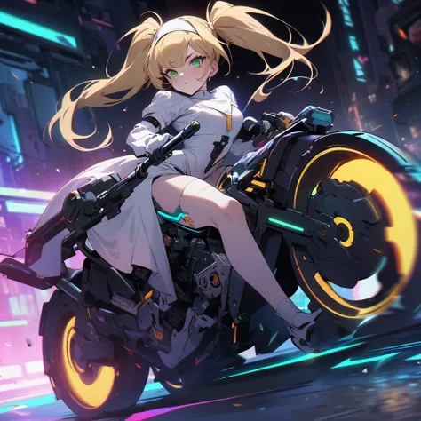 Best quality, masterpiece, high resolution, girl, Blonde,Twin tails, Green Eyes, white nun clothes, nun riding a bike in cyberpunk style, with advanced mechanical technology electric chainsaw