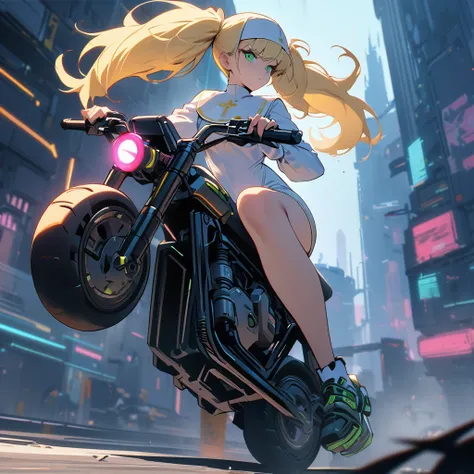 Best quality, masterpiece, high resolution, girl, Blonde,Twin tails, Green Eyes, white nun clothes, nun riding a bike in cyberpunk style, with advanced mechanical technology electric chainsaw