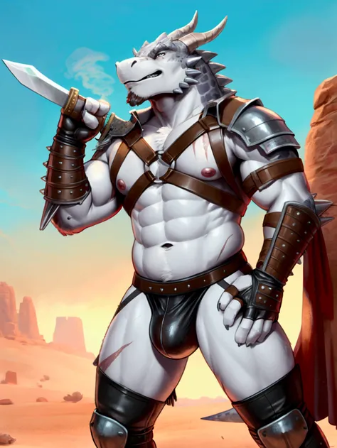 Solo Sexy young anthro scalie dragon male, mercenary ancient desert warrior solider, slim mesomorph muscular body, anthro handsome young gay shorter muzzle, handsome gay muscular looking, young male sexy body look, sword scars, he has worn out leather skim...