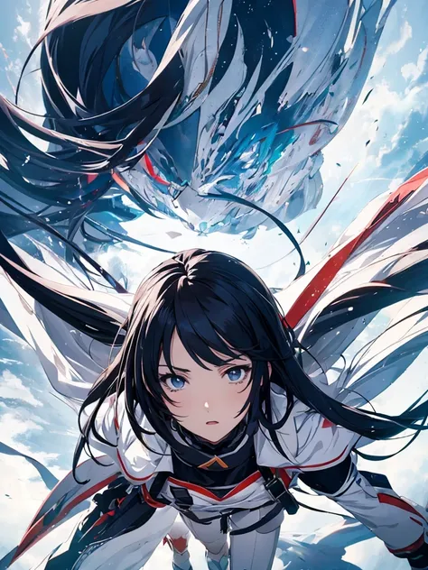 Background is white、One Woman, Amazing anime 8k,Pose looking up to the sky, male Anime characters, trigger anime art style,Japanese sword、 Best anime 4k konachan wallpaper, Nervous Teenage Assassin, Anime-style characters, Anime characters,