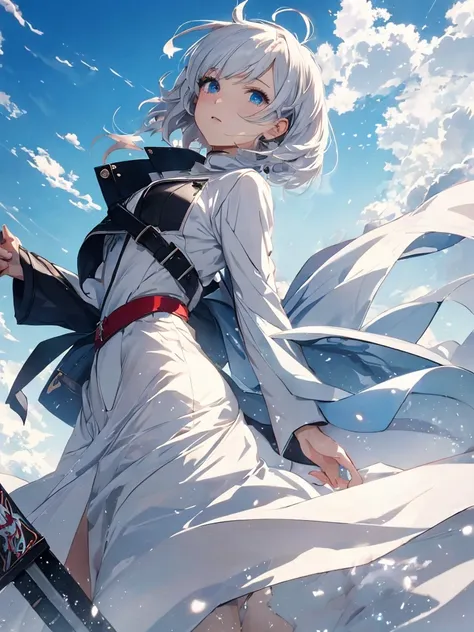 Background is white、One Woman, Amazing anime 8k,Pose looking up to the sky, male Anime characters, trigger anime art style,Japanese sword、 Best anime 4k konachan wallpaper, Nervous Teenage Assassin, Anime-style characters, Anime characters,