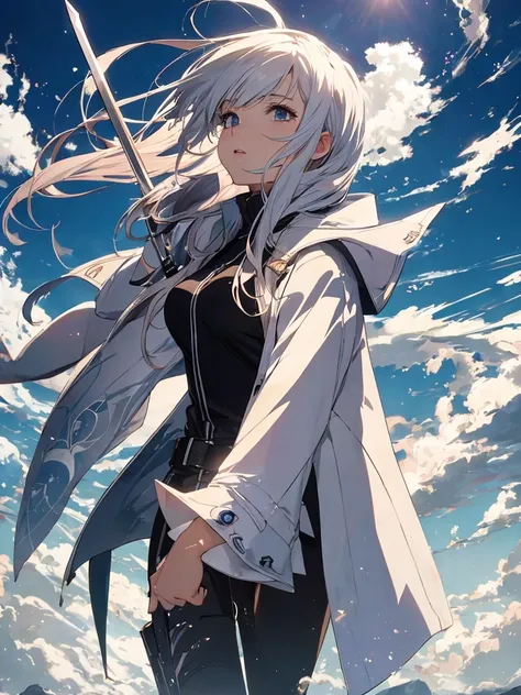 Background is white、One Woman, Amazing anime 8k,Pose looking up to the sky, Looking at the sky、male Anime characters, trigger anime art style,Japanese sword、 Best anime 4k konachan wallpaper, Nervous Teenage Assassin, Anime-style characters, Anime characte...