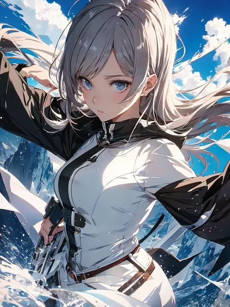 Background is white、One Woman, Amazing anime 8k,Pose looking up to the sky, Looking at the sky、male Anime characters, trigger anime art style,Japanese sword、 Best anime 4k konachan wallpaper, Nervous Teenage Assassin, Anime-style characters, Anime characte...