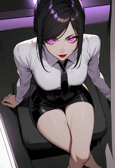 juri han, work of art, tight white secretary shirt with black tie, black high waist skirt, short skirt,stocking, black hair, black tightscary sun,office,bangs on the eyes,Lighting, hair with purple details,view from above,staring overhead,evil smile,sittin...