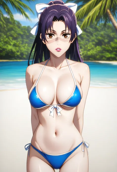 score_9_up, score_8_up, score_7_up, best quality, 1girl, solo, mature female, ((Utahime)), (((long purple tied hair with white bow))), brown eyes, pink lips, parted lips, scar on face, fit slim body, ((perfect medium erected breast)), (((blue tight bikini)...