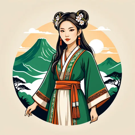 female	druid	in taiwan folk outfit	,vector graphics, strong contours, logo design																						