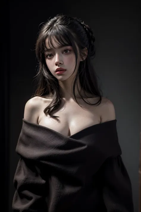 Best quality, masterpiece, ultra high res, (photorealistic:1.4), raw photo, 1girl, black offshoulder, in the dark, deep shadow,sad