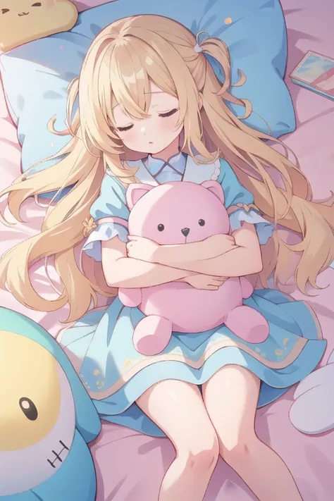 pastel colour、one girl、long wavy blonde hair、about 13 years old、pretty girl、sleeping surrounded by lots of stuffed toys