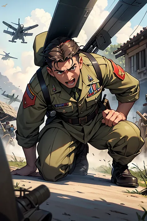 Create a scene set in World War II of brave soldiers on the battlefield in different scenarios with fighter planes