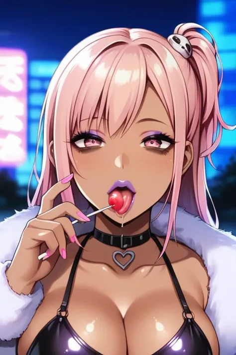 score_9, score_8_up, score_7_up, best quality, highest score, 1girl, solo, 30-years-old, gyaru, honoka_(DOA) twe-tone hair, pink hair, blonde hair, looking at viewer, bags under eyes, amimia, makeup, purple eyeshadow, purple lips, tongue out, licking lolli...