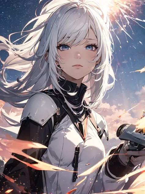 Looking up at the exploding sky、One Woman, White hair color、Amazing anime 8k,Pose looking up to the sky, Lifting your chin and looking up、male Anime characters, trigger anime art style,Japanese sword、 Best anime 4k konachan wallpaper, Nervous Teenage Assas...