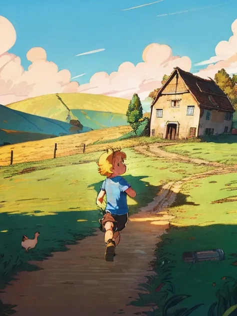 A country house, farm, with chickens, pig, dirty cow, on a late summer afternoon, a 3-year-old blond boy wearing a blue t-shirt, brown shorts and blue sneakers is running and having fun around the house